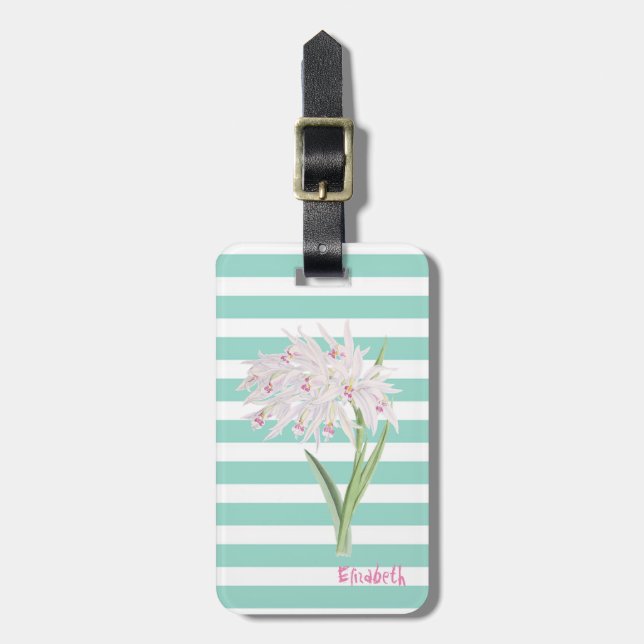 Étiquette À Bagage Fleur Féminine Sur Rayures Blanches Menthe (Devant Vertical)