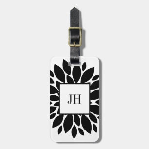 Étiquette À Bagage Fleur florale Damas Monogramme noir blanc joli