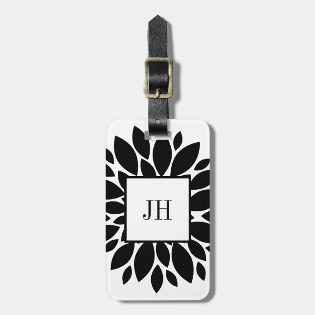 Étiquette À Bagage Fleur florale Damas Monogramme noir blanc joli (Devant Vertical)