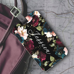 Étiquette À Bagage Fleur florale Monogramme Turquoise foncé Rouge
