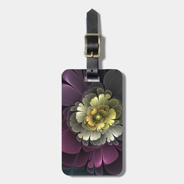 Étiquette À Bagage Fleur fractale grise et pourpre moderne abstraite (Devant Vertical)