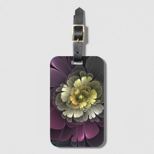 Étiquette À Bagage Fleur fractale grise et pourpre moderne abstraite (Devant Vertical)