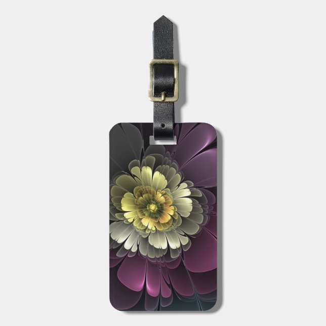 Étiquette À Bagage Fleur fractale grise et pourpre moderne abstraite (Devant Vertical)