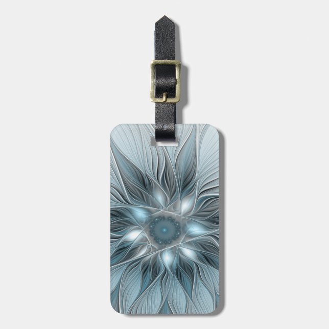Étiquette À Bagage Fleur joyeuse abstraite fleur bleue grise fractale (Devant Vertical)
