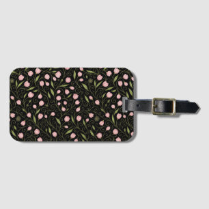 Étiquette À Bagage Fleur mignonne, rose sur noir avec motif répétitif
