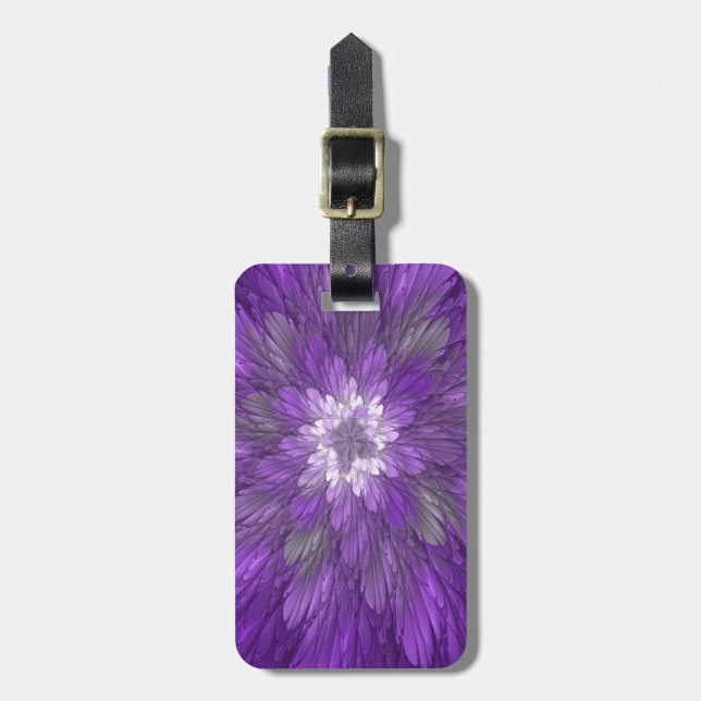 Étiquette À Bagage Fleur violette abstraite de l'art fractal psychedé (Devant Vertical)