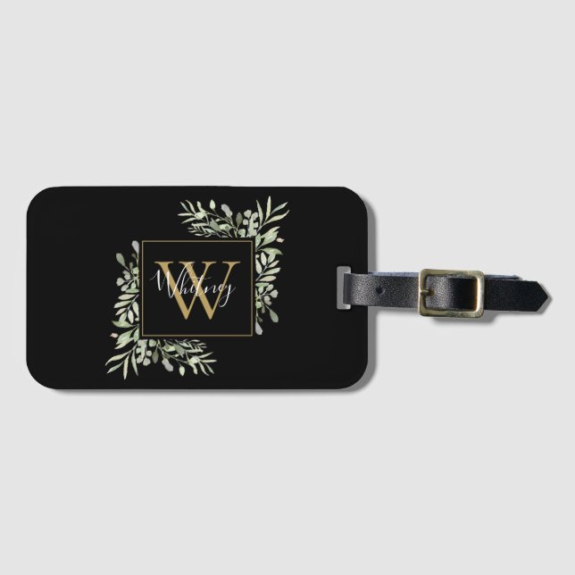Étiquette À Bagage Fleurie de verdure Monogramme Or Noir (Devant Horizontal)
