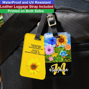 Étiquette À Bagage Fleurs à l'aquarelle   Initiale monogramme noir et
