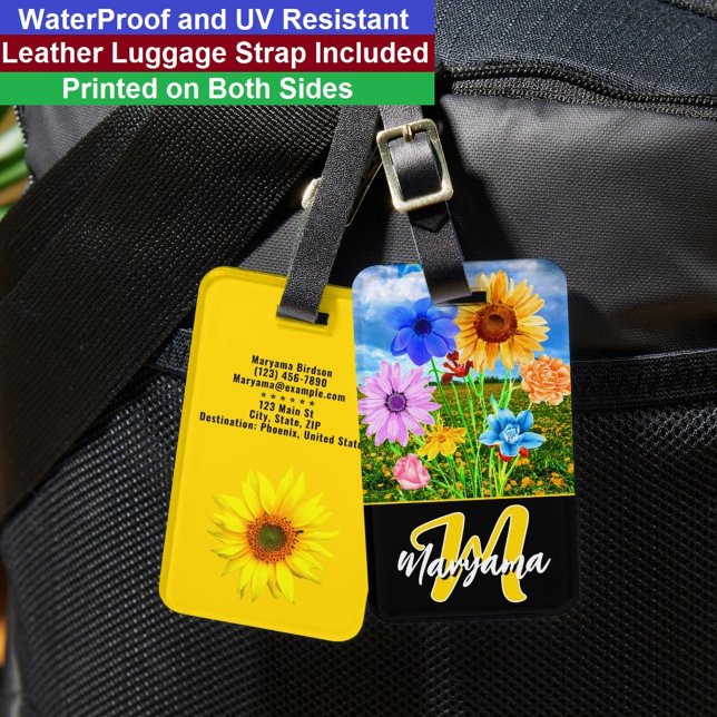 Étiquette À Bagage Fleurs à l'aquarelle | Initiale monogramme noir et (Floral Luggage Tag
)