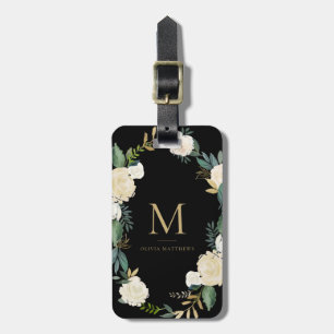 Étiquette À Bagage Fleurs aquarelles avec Monogramme d'huile d'or Noi