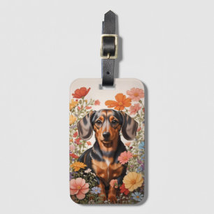 Étiquette À Bagage Fleurs Brown De Dachshund Et Cosmos