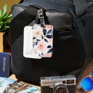Étiquette À Bagage Fleurs Chic Bleu Rose