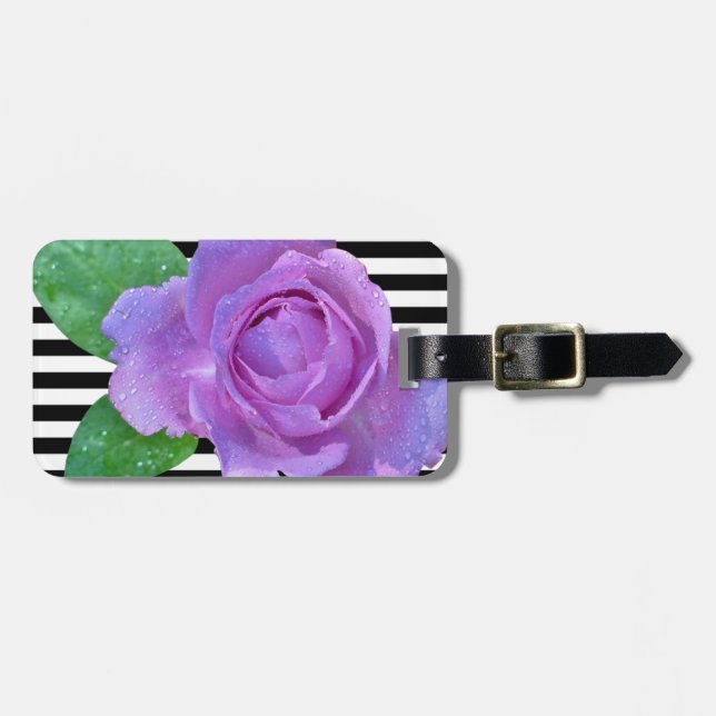 Étiquette À Bagage Fleurs Chic Féminin Moderne ,Rose Pourpre, Rayures (Devant horizontal)