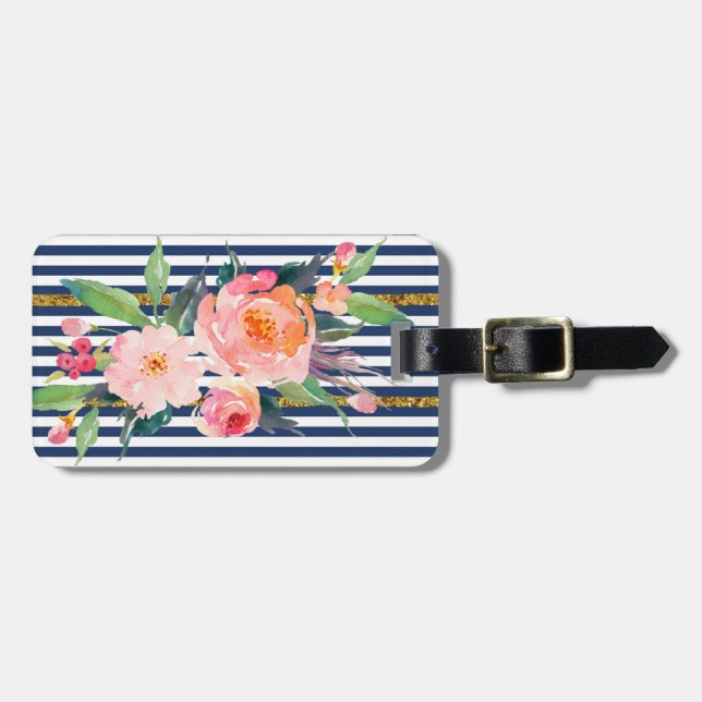 Étiquette À Bagage Fleurs Chic Moderne Féminin -Rayures (Devant horizontal)