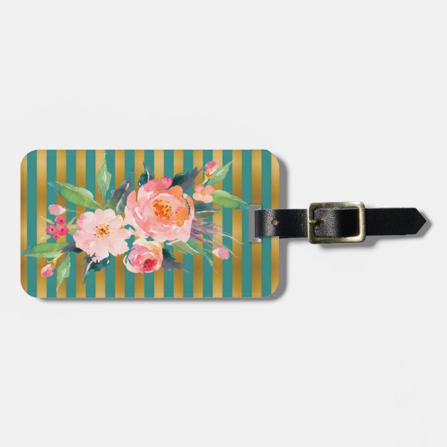 Étiquette À Bagage Fleurs Chic Moderne Féminin -Rayures (Devant horizontal)