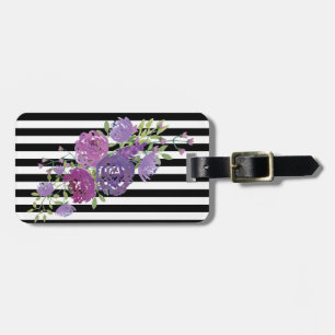 Étiquette À Bagage Fleurs Chic Moderne Féminin ,Rayures Noir et Blanc