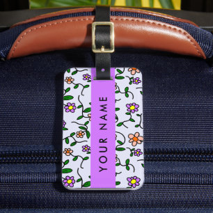 Étiquette À Bagage Fleurs Colorées, Fond Bleu, Violet