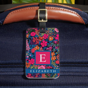 Étiquette À Bagage Fleurs customisées bleu vert floral rose