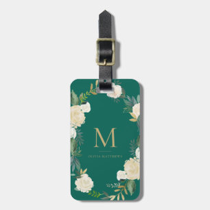 Étiquette À Bagage Fleurs d'aquarelle avec le vert de monogramme de