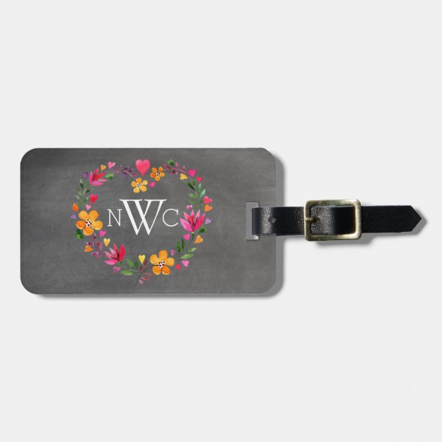 Étiquette À Bagage Fleurs d'aquarelle couronne de coeur | gris tablea (Devant horizontal)