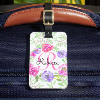 Étiquette À Bagage Fleurs d'aquarelle Monogramme rose