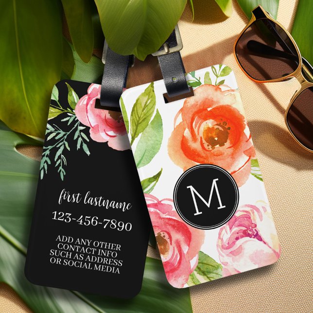 Étiquette À Bagage Fleurs d'aquarelle peintes de fille Monogramme per (Personalized luggage tag with monogram)