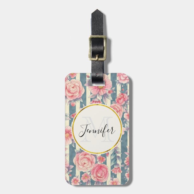 Étiquette À Bagage Fleurs d'aquarelle rose sur bandes Monogramme (Devant Vertical)