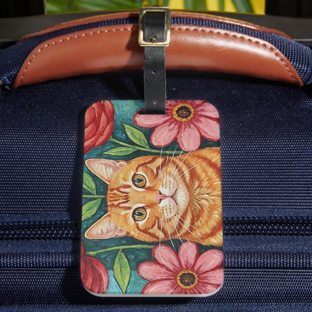 Étiquette À Bagage Fleurs d'art populaire de chat orange (Insitu Rectoal 2)
