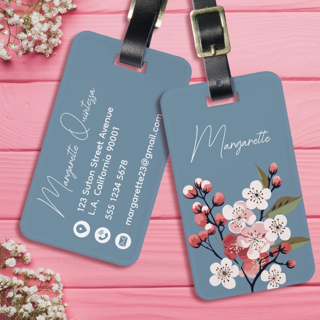 Étiquette À Bagage Fleurs d'aubépine à l'aquarelle Écriture bleue et  (Créateur téléchargé)