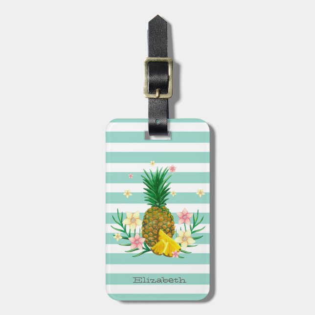 Étiquette À Bagage Fleurs de Ananas Féminin Rayures Blanches Menthe  (Devant Vertical)