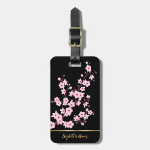 Étiquette À Bagage Fleurs de cerisier rose Fleurs Noir Personnalisabl