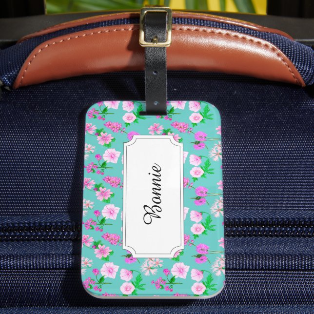 Étiquette À Bagage Fleurs de champs roses sur turquoise (Insitu Rectoal 2)