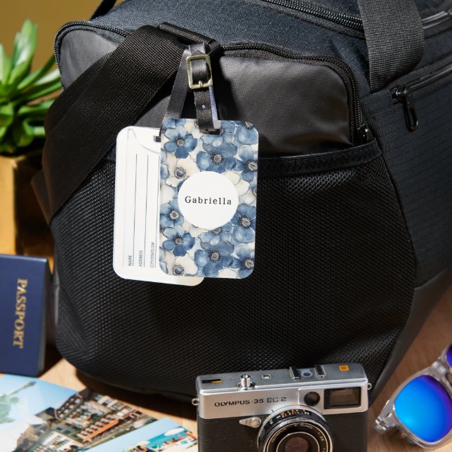 Étiquette À Bagage Fleurs de Denim Bleu Blanc (Recto & Verso)