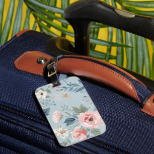 Étiquette À Bagage Fleurs de jardin aquarelle bleu poussiéreux rose