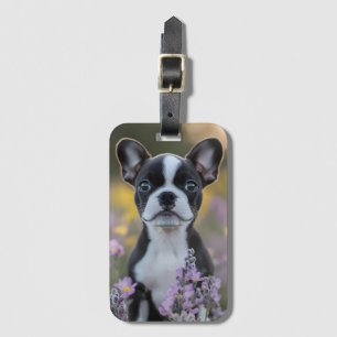 Étiquette À Bagage Fleurs de lupine de chiot de Boston Terrier