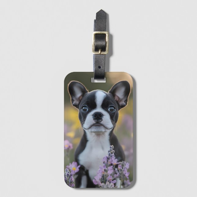 Étiquette À Bagage Fleurs de lupine de chiot de Boston Terrier (Devant Vertical)