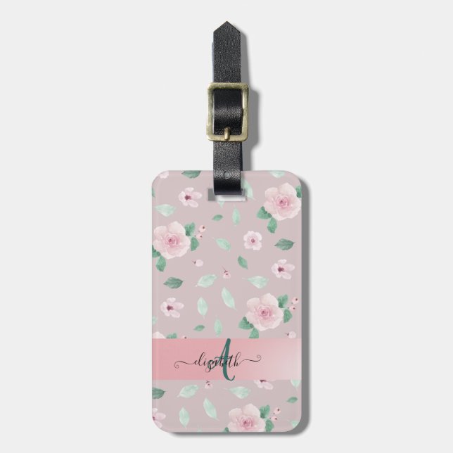 Étiquette À Bagage Fleurs de monogramme aquarelle chic (Devant Vertical)
