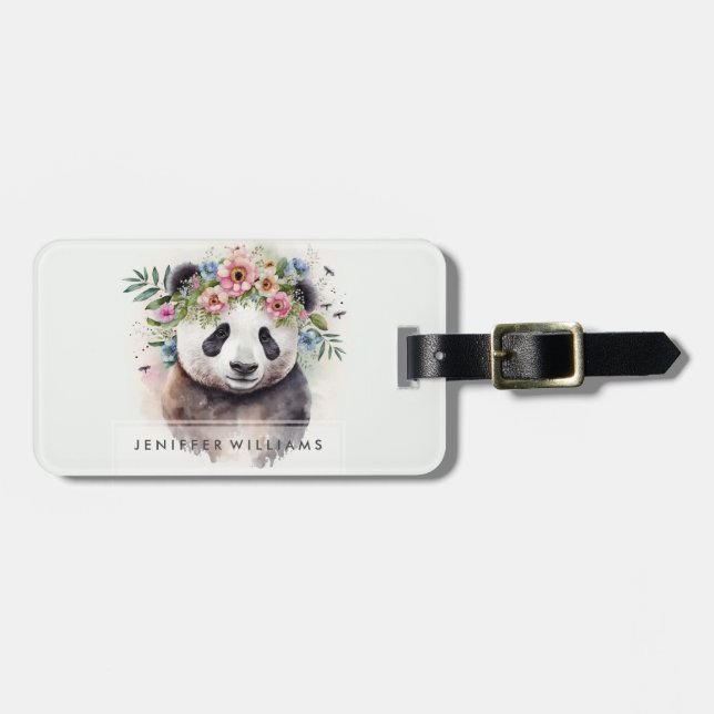 Étiquette À Bagage Fleurs de Panda Aquarelle (Devant horizontal)