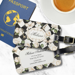 Étiquette À Bagage Fleurs de rose vintage en diamant noir et blanc Mo