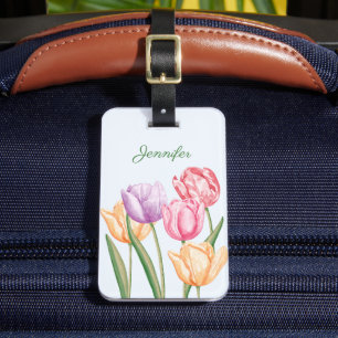 Étiquette À Bagage Fleurs de tulipes aquarelles colorées avec nom per
