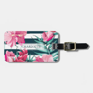 Étiquette À Bagage Fleurs d'été exotiques Monogrammes rayés