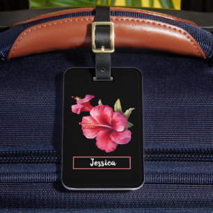 Étiquette À Bagage Fleurs d'Hibiscus rose moderne personnalisables