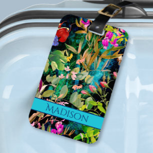 Étiquette À Bagage Fleurs douces feuille coloré motif monogramme