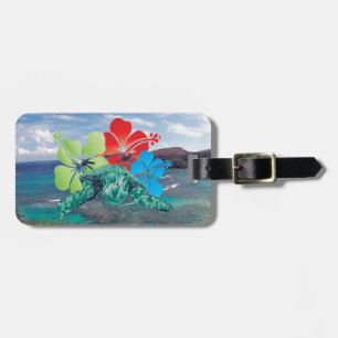 Étiquette À Bagage Fleurs et tortue de ketmie d'Hawaï