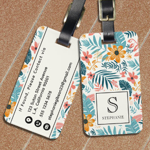 Étiquette À Bagage Fleurs & Feuilles Aquarelle Tropicale Monogramme C