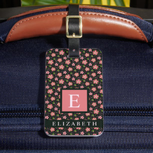 Étiquette À Bagage Fleurs florales à points noirs personnalisables