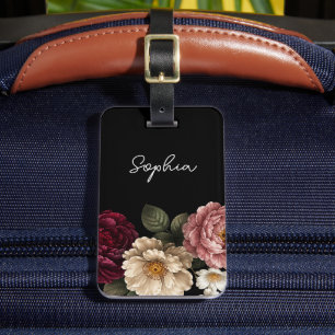 Étiquette À Bagage Fleurs Florales Noires Personnalisées Bohème