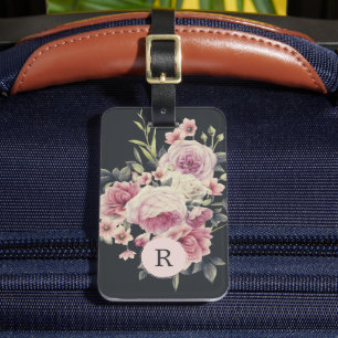 Étiquette À Bagage Fleurs foncées sur fond noir Monogramme