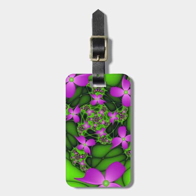 Étiquette À Bagage Fleurs fractales abstraites modernes rose vert néo (Devant Vertical)