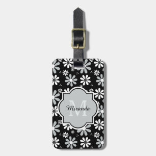 Étiquette À Bagage Fleurs Girly de marguerite blanche de noir de